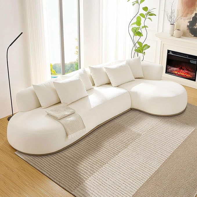 WILLIAMSPACE 134.63" Oversize Curved Sofa Cloud Couch with Round Chaise, Modern Upholstered Curved Sectional Sofa Couch with 6 Pillows for Living Room, No Assembly (Right-Facing,Cream White)