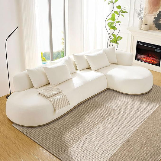 WILLIAMSPACE 134.63" Oversize Curved Sofa Cloud Couch with Round Chaise, Modern Upholstered Curved Sectional Sofa Couch with 6 Pillows for Living Room, No Assembly (Right-Facing,Cream White)