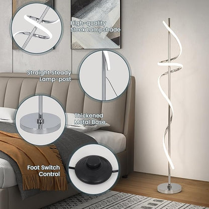 Modern Floor Lamp with Remote Control, Dimmable LED Floor Lamp for Living Room, 48W Spiral Floor Light with 3 Color Temperatures, Chrome Standing Tall Lamp for Bedroom Dining Rooms Home Offices