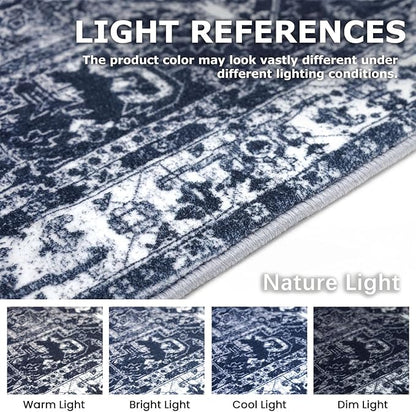 KOZYFLY Boho Area Rug 3x5 Ft Rugs for Entryway Washable Entry Rug Non Slip Door Mat Indoor Entrance Printed Faux Wool Throw Rugs for Entrance Kitchen Living Room, Navy/Grey
