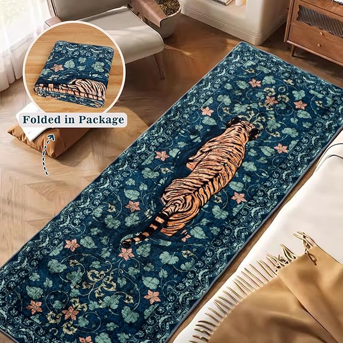 Tiger Rug Runner for Hallways 2x6Ft, Boho Farmhouse Kitchen Laundry Runner Rugs Non Slip, Low Pile Soft Animal Bedroom Floor Carpet for Entryway Laundry Bathroom Spring Summer, Dark Blue
