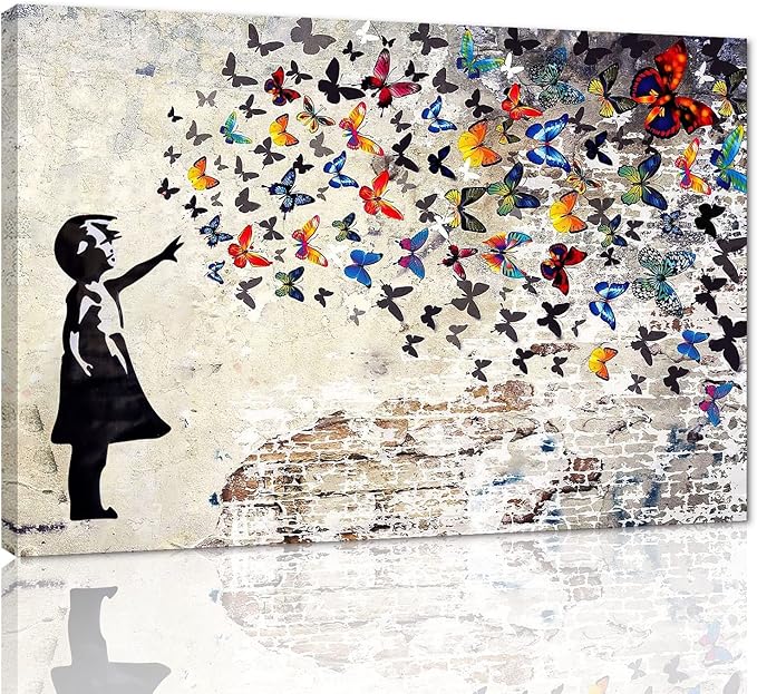 Colorful Graffiti Street Canvas Wall Art Funny Butterfly Banksy Street Art Mural Pop Art Modern Home Office Wall Decor Framed Canvas Wall Art Decor for Study Room Walls Easy to Hang - 28x44inch