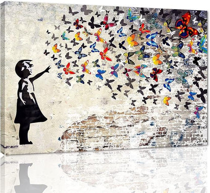 Colorful Graffiti Street Canvas Wall Art Funny Butterfly Banksy Street Art Mural Pop Art Modern Home Office Wall Decor Framed Canvas Wall Art Decor for Study Room Walls Easy to Hang - 28x44inch