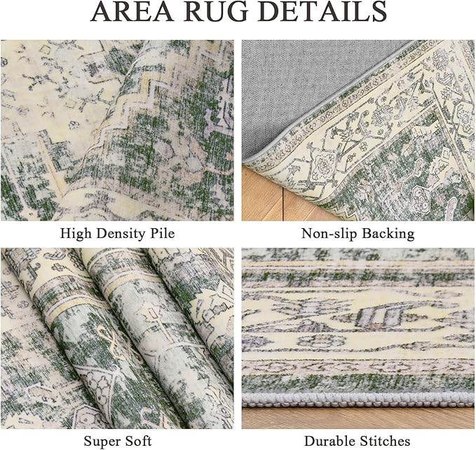 8x10 Washable Area Rug - Non Slip Vintage Rugs Soft Foldable Stain Resistant Large Carpet for Bedroom Living Room Office & Home Decor (Green,8'x10')