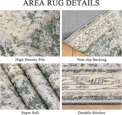 8x10 Washable Area Rug - Non Slip Vintage Rugs Soft Foldable Stain Resistant Large Carpet for Bedroom Living Room Office & Home Decor (Green,8'x10')