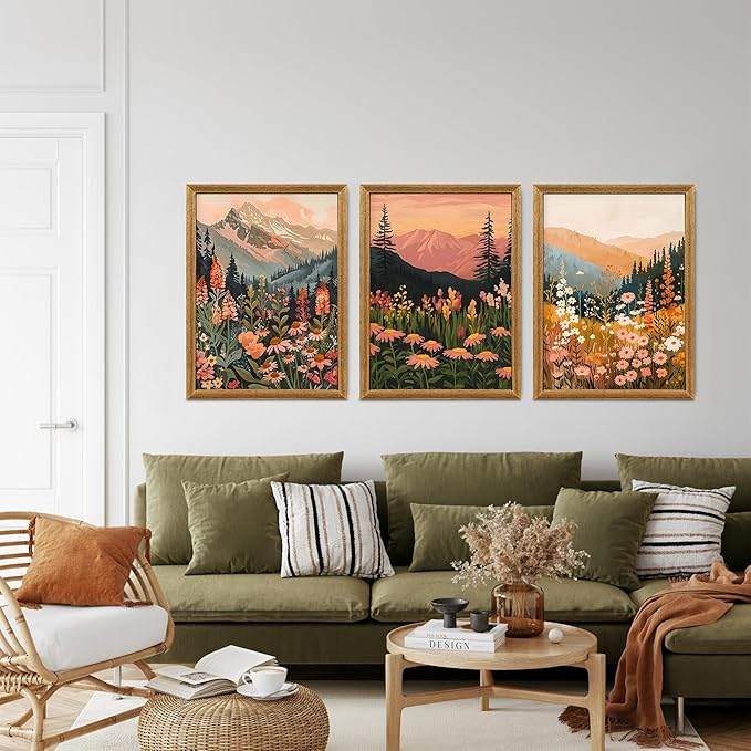 ICHZUMW Framed Boho Abstract Landscape Mountain and Floral Canvas Wall Art Set of 3, Colorful Nature Botanical Paintings Artwork, Large Wildflower Wall Decor for Living Room Bedroom Office, 12x16in