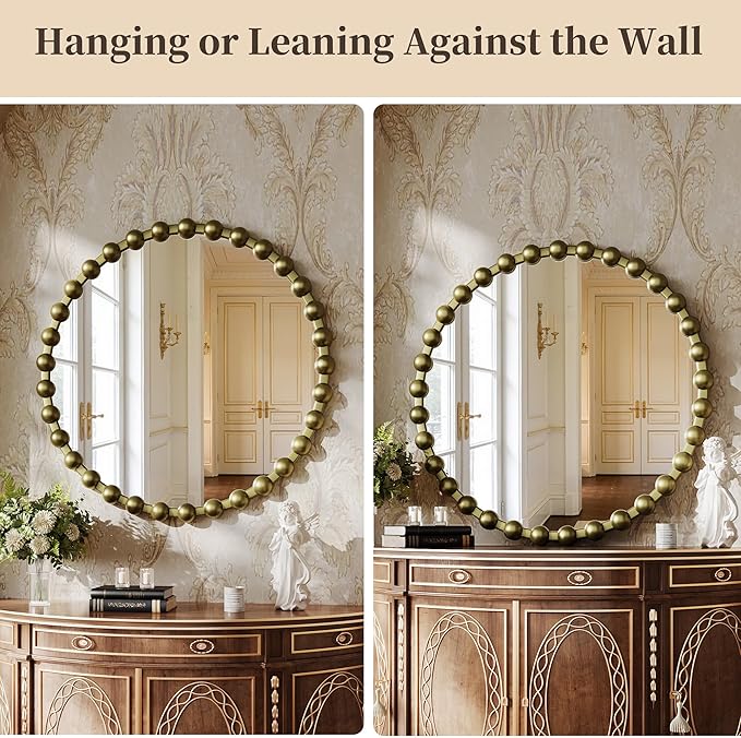 Round Mirror for Wall, 28 Inch Bronze Round Vanity Mirror with Beaded Frame, Modern Decorative Wall Mirror for Bathroom, Entryway, Bedroom, Living Room, Shatter-Proof Tempered Glass, Bronze