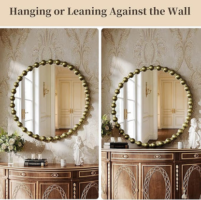 Round Mirror for Wall, 28 Inch Bronze Round Vanity Mirror with Beaded Frame, Modern Decorative Wall Mirror for Bathroom, Entryway, Bedroom, Living Room, Shatter-Proof Tempered Glass, Bronze
