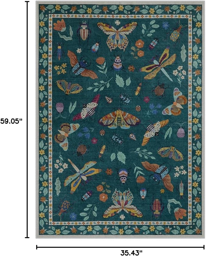 Lahome Insect Washable Small Area Rug, 3x5 Area Rug for Bedroom Living Room, Non-Slip Soft Accent Throw Carpet for Kitchen Office Entryway Bathroom Office Vionnet, Dark Green
