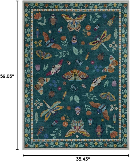 Lahome Insect Washable Small Area Rug, 3x5 Area Rug for Bedroom Living Room, Non-Slip Soft Accent Throw Carpet for Kitchen Office Entryway Bathroom Office Vionnet, Dark Green