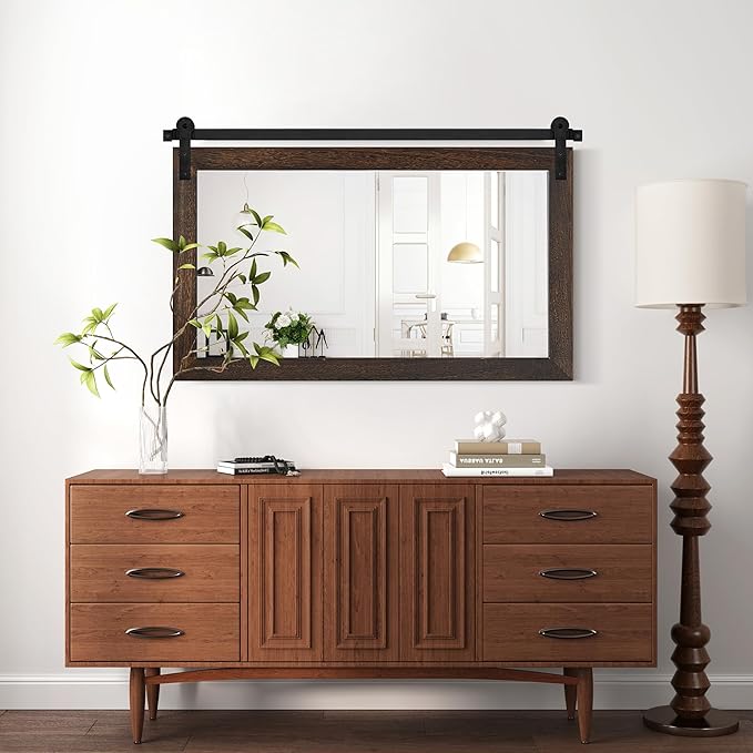 COGOOD Farmhouse Bathroom Mirror - 49" x 30" Rustic Barn Door Mirror for Living Room, Entryway, Bedroom, Vanity Wall Decor (Black Brown)
