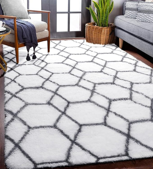 ONASAR Area Rugs for Bedroom Living Room, Fluffy 4x6 White and Grey Throw Rug, Shaggy Geometric Indoor Floor Shag Carpet for Home Decor Aesthetic, Soft Plush Fuzzy Mat for Nursery Kids Teen Dorm