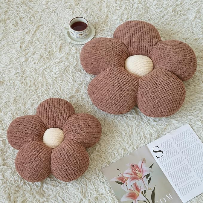Flower Pillow, Decorative Throw Pillow for Couch, Cute Decor Pillows for Bed, Aesthetic Flower Shaped Pillow Fun Cushion (Brown, 19.6 Inches)