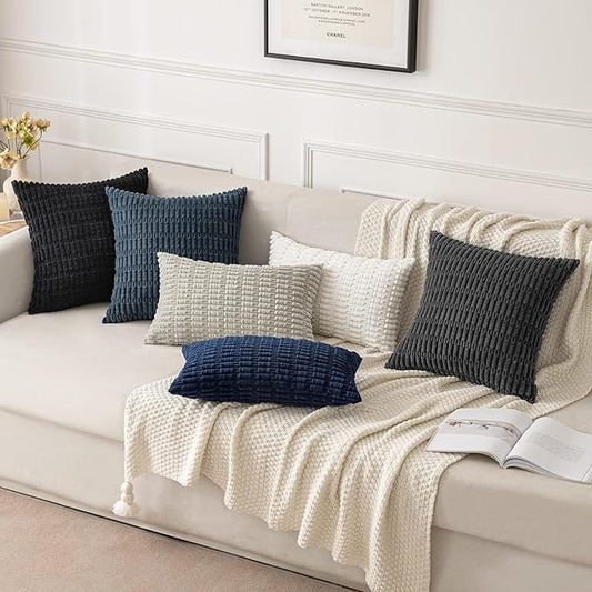 MIULEE Pack of 2 Corduroy Decorative Throw Pillow Covers 12x12 Inch Soft Boho Striped Pillow Covers Modern Farmhouse Home Decor for Summer Coastal Sofa Living Room Couch Bed Dark Blue