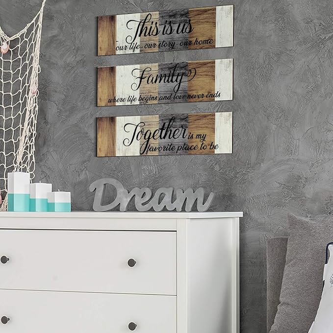 Jetec 3 Pieces Family Wooden Sign This Is Us Sign Rustic Wooden Family Home Decor Together Hanging Wall Decorations for Living Room Kitchen Bedroom Laundry Bathroom Warming(Brown, Beige, Gray)