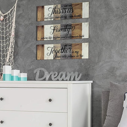 Jetec 3 Pieces Family Wooden Sign This Is Us Sign Rustic Wooden Family Home Decor Together Hanging Wall Decorations for Living Room Kitchen Bedroom Laundry Bathroom Warming(Brown, Beige, Gray)