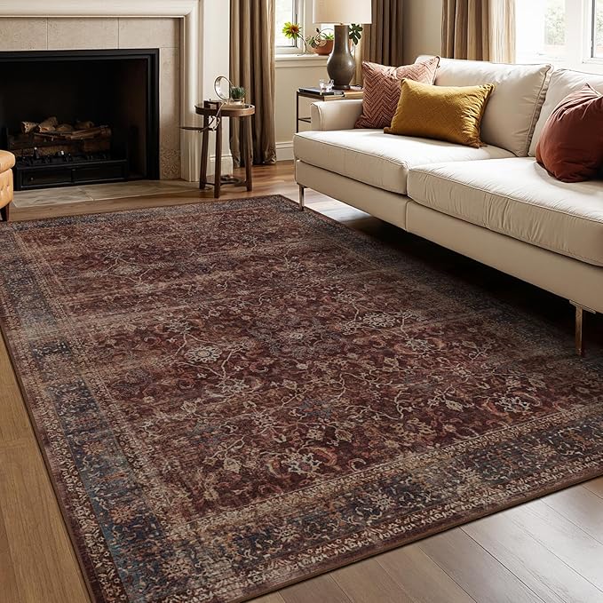 Brick Red 5x8 Washable Rug, Vintage Distressed Area Rugs for Living Room Bedroom Non Slip, Low Pile Thin Carpet Rug for Dining Room/Kitchen/Home Office/Den, Earth Tone Rustic Brick Color