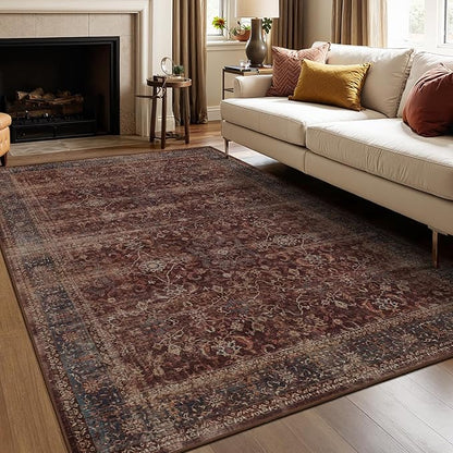 Brick Red 5x8 Washable Rug, Vintage Distressed Area Rugs for Living Room Bedroom Non Slip, Low Pile Thin Carpet Rug for Dining Room/Kitchen/Home Office/Den, Earth Tone Rustic Brick Color