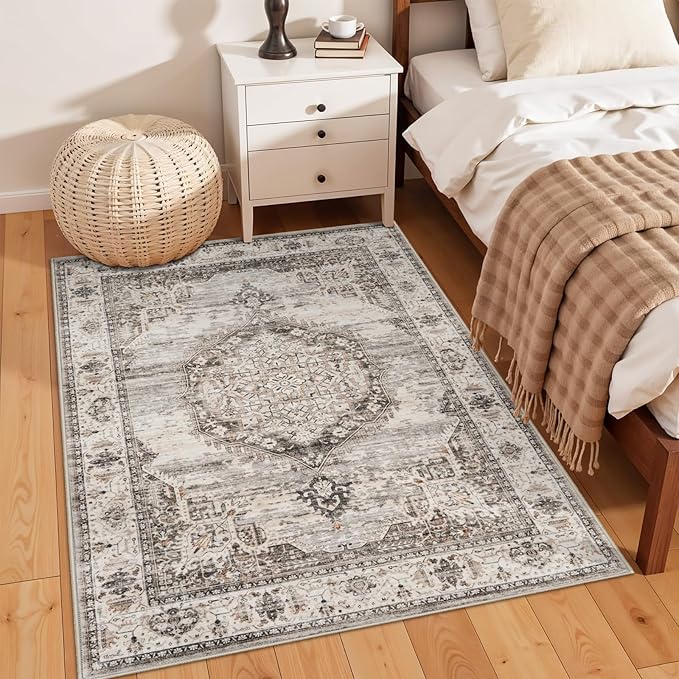 Washable Area Rugs 4x6 Entryway: Soft Ultra Thin Low Pile Mat Machine Washable Indoor Doormat Lightweight Entry Rug Anti Slip Backing Rugs for Living Room Bedroom Kitchen 4'x6' Beige