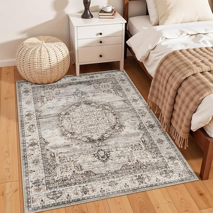 Washable Area Rugs 4x6 Entryway: Soft Ultra Thin Low Pile Mat Machine Washable Indoor Doormat Lightweight Entry Rug Anti Slip Backing Rugs for Living Room Bedroom Kitchen 4'x6' Beige