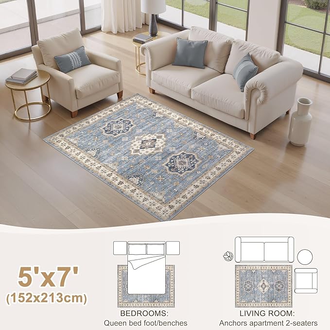 EIEIHOUSE Washable Area Rugs for Living Room - 5x7 Neutral Vintage Distressed Floral Farmhouse Boho Large Soft Floor Rug Indoor Non Slip Carpet for Living Room Bedroom Dining Room Office - Blue