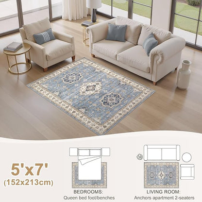 EIEIHOUSE Washable Area Rugs for Living Room - 5x7 Neutral Vintage Distressed Floral Farmhouse Boho Large Soft Floor Rug Indoor Non Slip Carpet for Living Room Bedroom Dining Room Office - Blue
