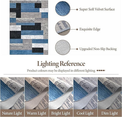 FlyDOIT Modern Geometric Patchwork Area Rug, 6x9 Blue Large Rugs for Living Room, Rockwood Collection Indoor Rugs for Bedroom, Throw Carpet Floor Decor for Entryway Dining Room Office Nursery