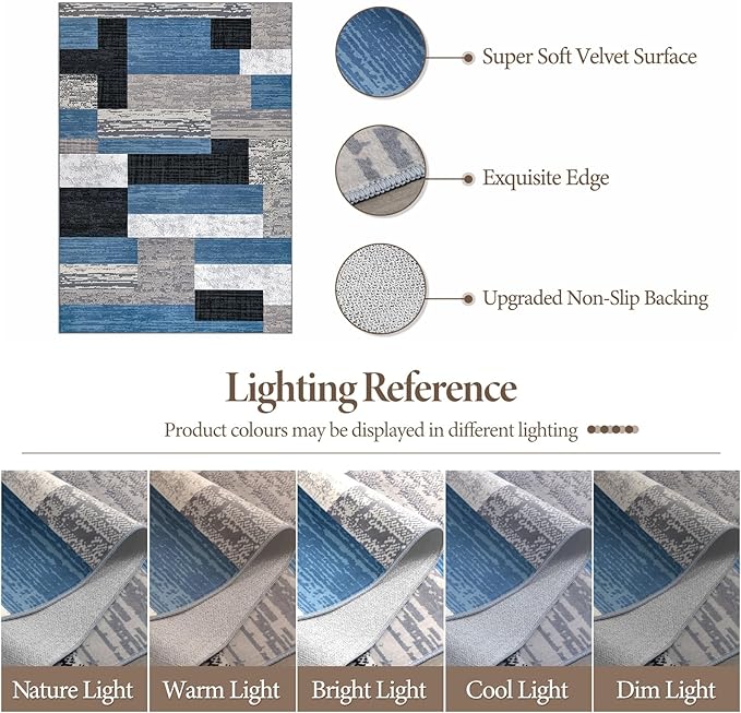 FlyDOIT Modern Geometric Patchwork Area Rug, 9x12 Blue Large Rugs for Living Room, Rockwood Collection Indoor Rugs for Bedroom, Throw Carpet Floor Decor for Entryway Dining Room Office Nursery