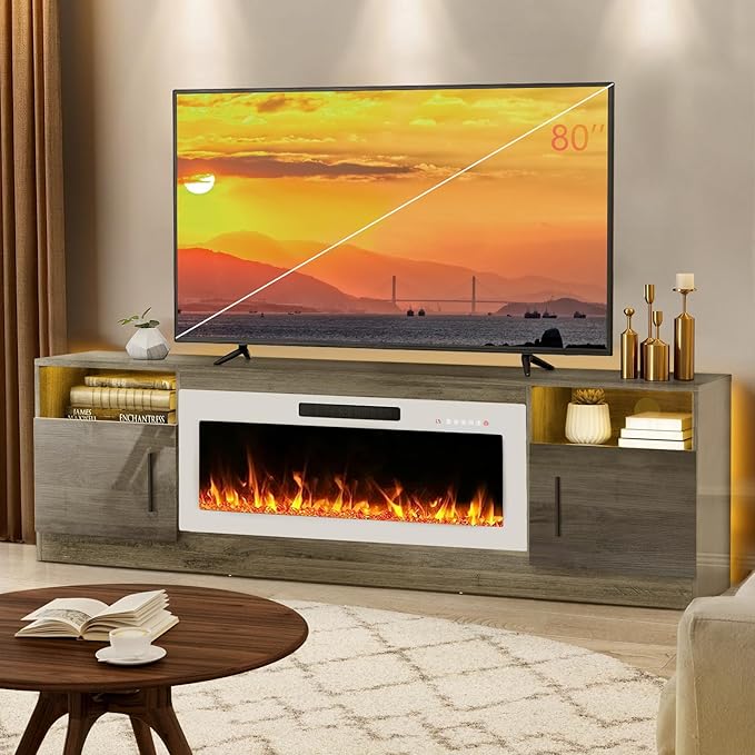 Lemberi Fireplace tv Stand with 36 inch White Fireplace Up to 80" TVs,LED Light Entertainment Center and Storage, 70" Modern Wood Media TV Console with Highlight Cabinet for Living Room (Gray)
