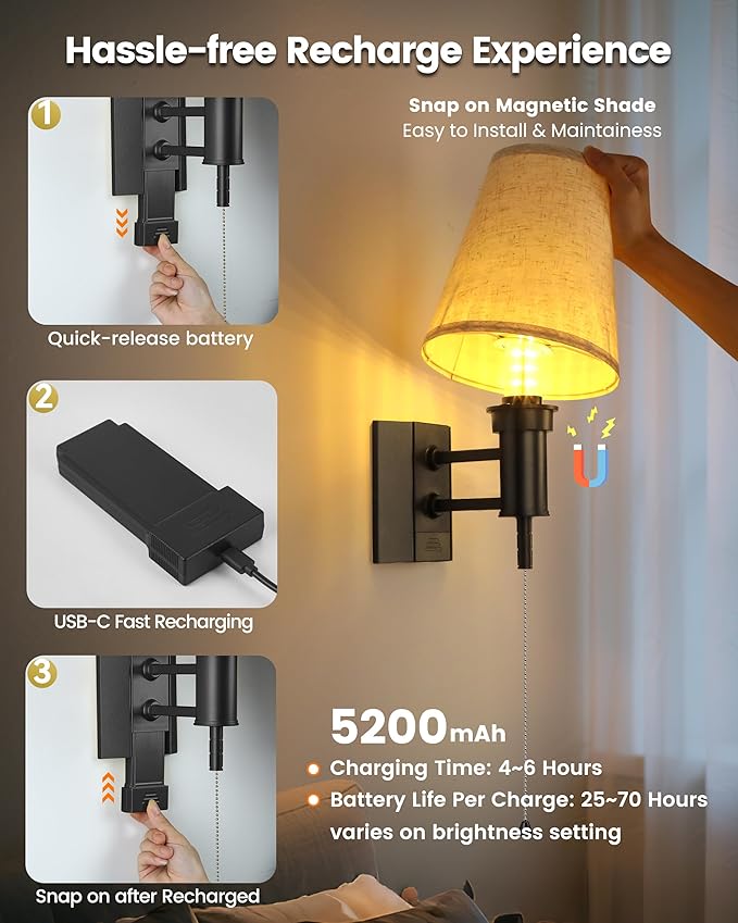TECOMLIGHT Rechargeable Battery Operated Wall Sconces Set of 2, Wireless LED Wall Lights with Remote & On/Off Pull Chain, Wall Mounted Lamp Lighting Fixture for Bedroom Living Room, Matte Black
