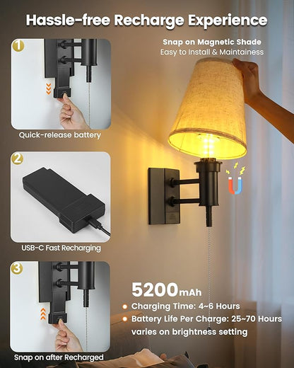 TECOMLIGHT Rechargeable Battery Operated Wall Sconces Set of 2, Wireless LED Wall Lights with Remote & On/Off Pull Chain, Wall Mounted Lamp Lighting Fixture for Bedroom Living Room, Matte Black