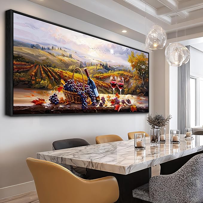 hyidecorart Large Framed Wall Art,Wine Farm View Kitchen Art Prints, French Country Still Life Picture, Fruit Harvest Art Prints, Rustic Dining Room Wall Decor, Restaurant Home Bar Decoration 32x72 In