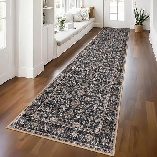 KUTA Vintage Long Runners for Hallways, 2.6x12 Brown Washable Non-Slip Kitchen Rugs Ultra Thin Soft Printed Distressed Oriental Floral Floor Carpet for Laundry Bedroom Living Room Nursery