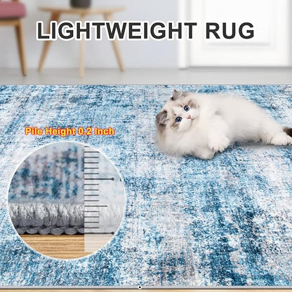 8x10 Area Rugs for Living Room - Washable Rug Modern Abstract Soft Large Neutral Non-Slip Carpet Indoor Floor Thin Carpets for Bedroom Dining Room Farmhouse Nursery Home Office Blue Grey