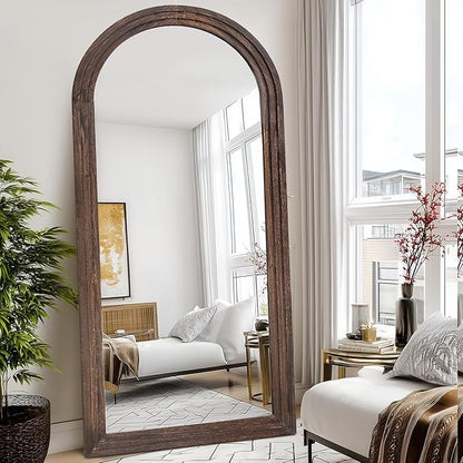 Arched Full Length Mirror 71"x32" - Rustic Brown Solid Wood Wall Mirror, Oversized Leaning or Mounted Design for Bedroom, Entryway, Living Room Décor