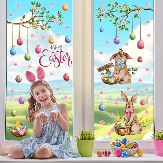 Happy Easter Window Clings Bunny Window Decorations Decals for Glass Double-Sided Removable Easter Egg Vinyl Static Sticker Spring Tree Branch Decals for Living Room Bedroom Office Holiday Supplies