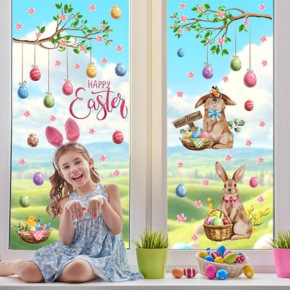 Happy Easter Window Clings Bunny Window Decorations Decals for Glass Double-Sided Removable Easter Egg Vinyl Static Sticker Spring Tree Branch Decals for Living Room Bedroom Office Holiday Supplies