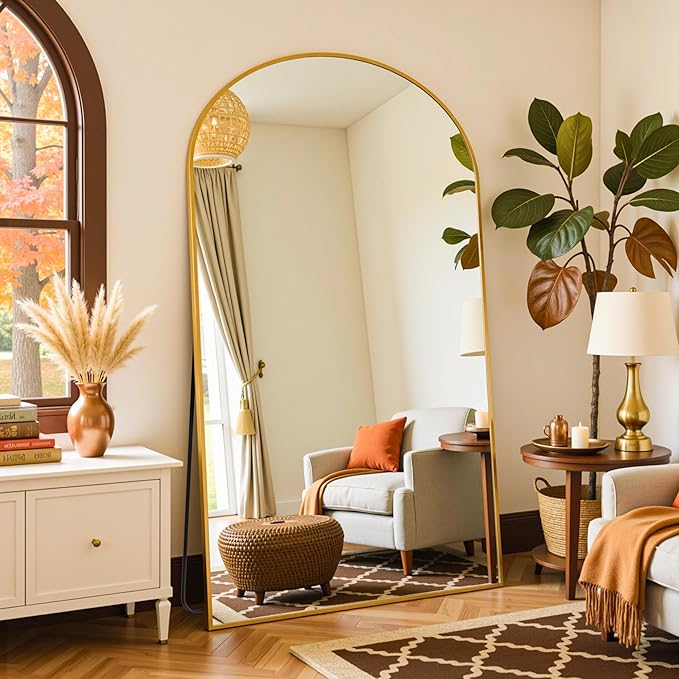 Full Length Mirror, 72"x44" Arched Full Body Mirror, Oversized Floor Mirrors, Leaning Free Standing Mirrors, Hanging Mounted Large Mirrors for Bedroom Dressing Room, Cloakroom, Gold