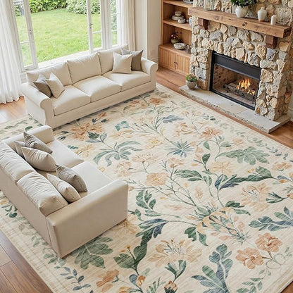 10x14 Area Rugs Washable Rug: Lagre Boho Living Room Rug Soft Non-Slip Thin Carpet Indoor Floor Non-Shedding Neutral Floral Carpets for Bedroom Dining Room Farmhouse Nursery Beige