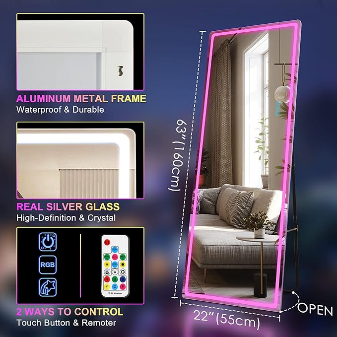 LVSOMT 63 X 22 Full Length Mirror with Lights, Large Wall Mirror Full Length, RGB Led Mirror Full Length with Remote Control, Full Body Mirror for Bedroom Living Room Cloakroom, White