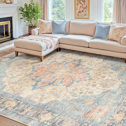 RELEANY Area Rugs 7'x10' Washable Non-Slip, Floral Vintage Distress Print Pattern Medallion Carpet for Living Room Bedroom Dining Room, Blue Orange Red