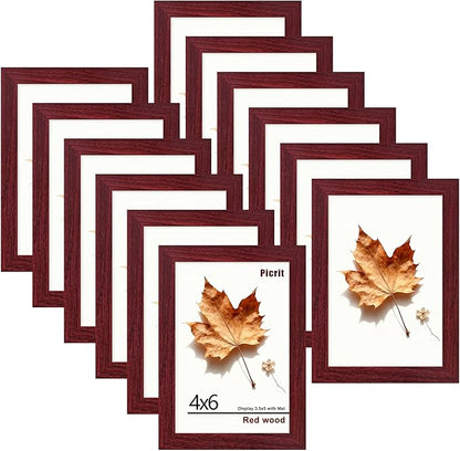 Picrit 4x6 Picture Frame Set of 12, Display 3.5x5 with Mat or 4x6 Without Mat, Photo Frames for Wall Mounting or Table Top Display, Dark Red Wood