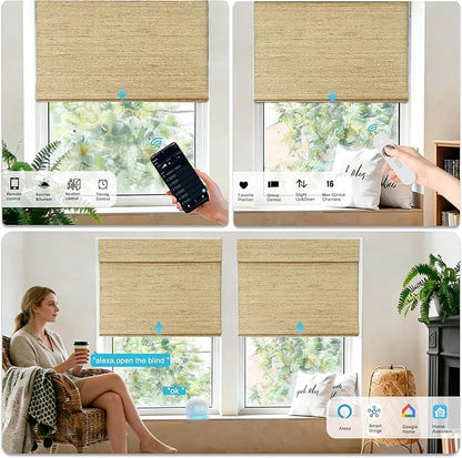 Motorized Bamboo Roman Shades, Motorized Blinds with Remote Compatible with Homekit, Alexa GoogleHome, Smart Wood Woven Shades for Indoor Windows, Customize, Savanna Weave