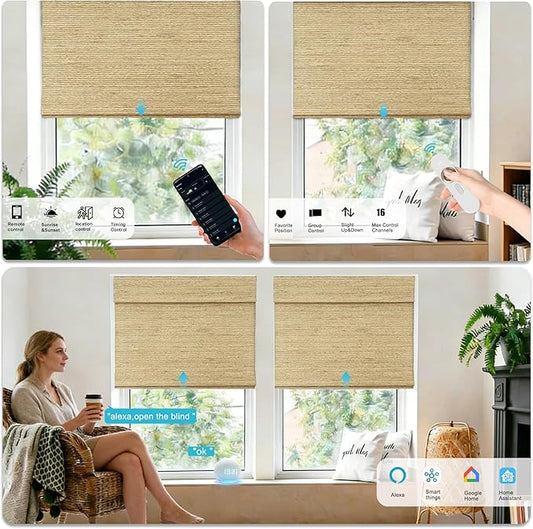 Motorized Bamboo Roman Shades, Motorized Blinds with Remote Compatible with Homekit, Alexa GoogleHome, Smart Wood Woven Shades for Indoor Windows, Customize, Savanna Weave