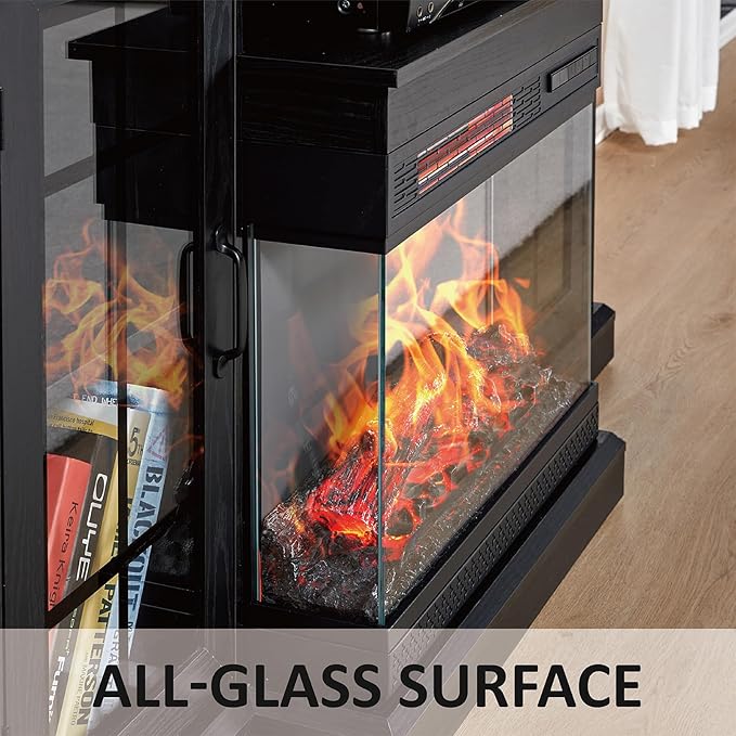 AMERLIFE 3-Sided Glass Fireplace TV Stand for TVs up to 65'', Media Entertainment Center Console Table with Door Closed Storage, Black