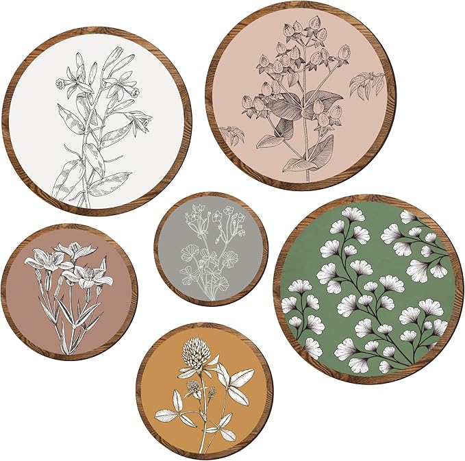 97 Decor 6 Pcs Wooden Boho Wall Art For Bedroom - Bohemian Plant Art Wall Decor, Vintage Botanical Prints Floral Pictures For Living Room, Kitchen, Office