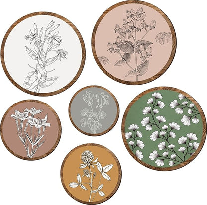 97 Decor 6 Pcs Wooden Boho Wall Art For Bedroom - Bohemian Plant Art Wall Decor, Vintage Botanical Prints Floral Pictures For Living Room, Kitchen, Office