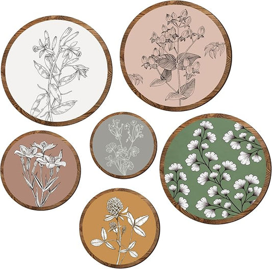 97 Decor 6 Pcs Wooden Boho Wall Art For Bedroom - Bohemian Plant Art Wall Decor, Vintage Botanical Prints Floral Pictures For Living Room, Kitchen, Office