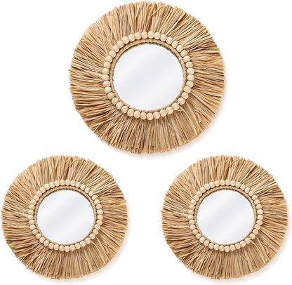 3 Pcs Boho Raffia Mirror Wall Hanging Decor 15.8 Inch 11.8 Inch Rustic Round Boho Circle Mirrors with Wood Bead Farmhouse Aesthetic Nursery Mirrors for Bedroom Living Room Bathroom Wall Decor
