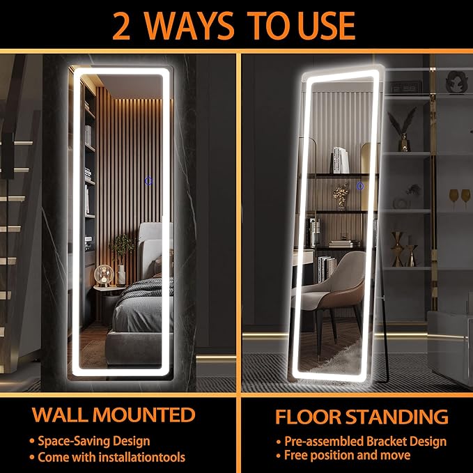 Hasipu Full Length Mirror with Lights, 56" x 20" LED Floor, Full Body Dressing Standing, Hanging Mounted Mirror, Round White